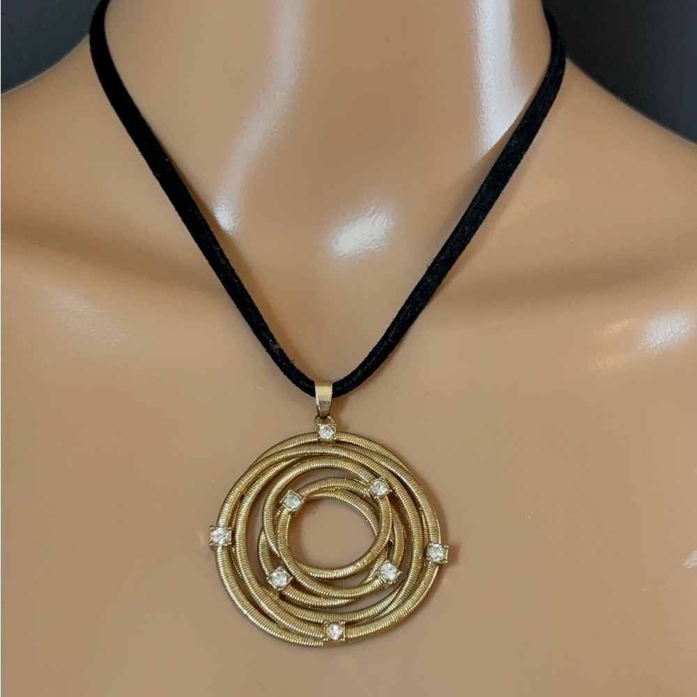 Vintage Gold Tone Nested Circle Statement Pendant on Black Suede Cord